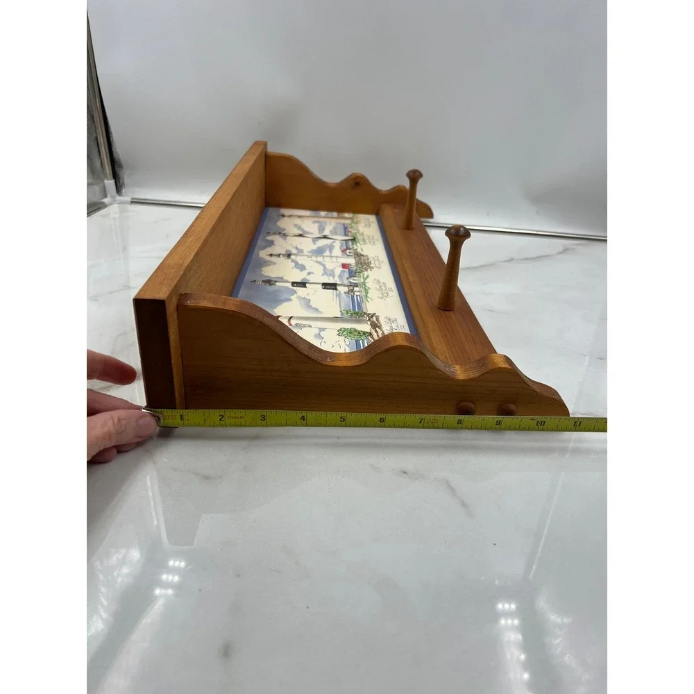 Vintage Wood Lighthouse Wall Shelf with Pegs Coastal Nautical Home Decor